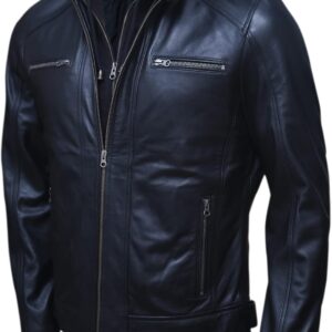 Genuine Lambskin Leather Motorcycle Jacket with Removable Hood