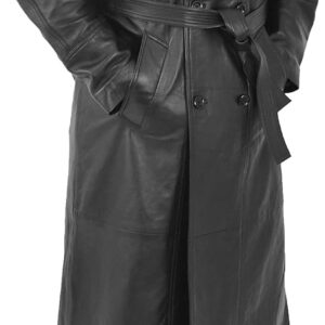 Black Full-Length Double-Breasted Leather Trench Overcoat